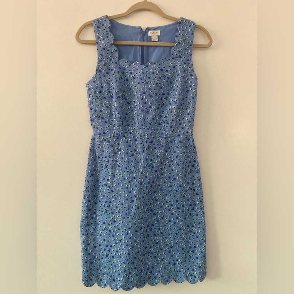 J crew mini light blue floral dress with scalloped trim